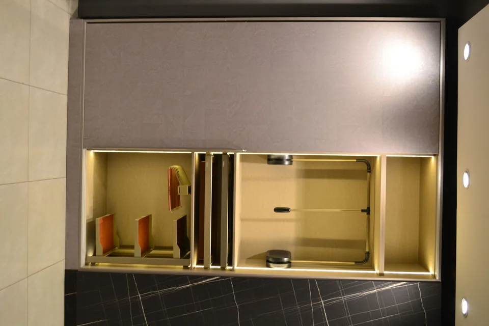 Modular kitchen storage hardware and accessories at the Creations Woodkraft showroom in Agra